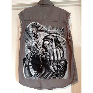 Milwaukee Performance Frayed Sleeveless Button Shirt Graphic Biker Rock L Grunge